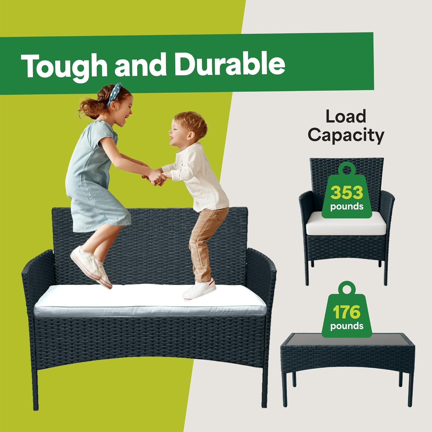 4-Piece Outdoor Patio Furniture Set - Patio Set with 2 Rattan Chairs, 1 Loveseat & 1 Glass -Top Coffee Table - Weather-Proof Wicker with Cushions - Conversation Set for Porch, Balcony, Lawn