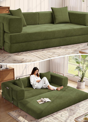 78.8'' Convertible Sleeper Sofa - Modular Corduroy Couch with Armrest Pillow, Easy Setup, Green