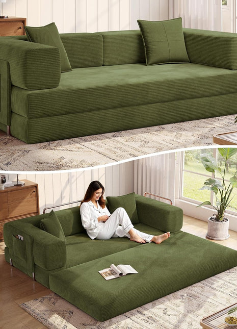 78.8'' Convertible Sleeper Sofa - Modular Corduroy Couch with Armrest Pillow, Easy Setup, Green
