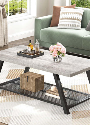 Rustic Industrial Coffee Table with Storage, Modern 47-Inch Rectangle Design in Light Grey for Living Room
