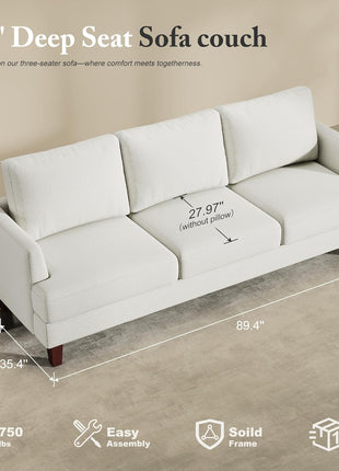 Mid-Century Modern 3-Seater Upholstered Sofa with Deep Seats and Armrests, 89" Comfortable Couch for Living Room, Bedroom, Apartment, and Office (Beige)