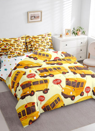 School Bus Twin 7-Piece Bedding Set for Children, Cartoon Vehicle Bed in a Bag for Boys and Girls, School-Themed Comforter Set with Sheets, Yellow Transportation Bed Set