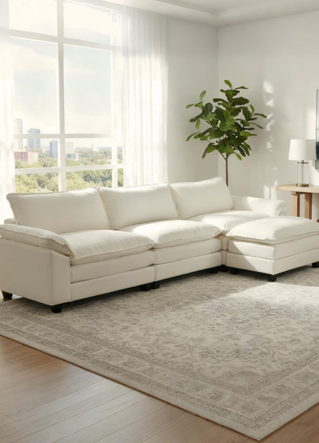 Modular Chenille Sectional Sofa with Ottoman, Deep Seat Upholstered Couch for Living Room, Apartment, Studio, or Office (3-Seater & Ottoman, Beige)