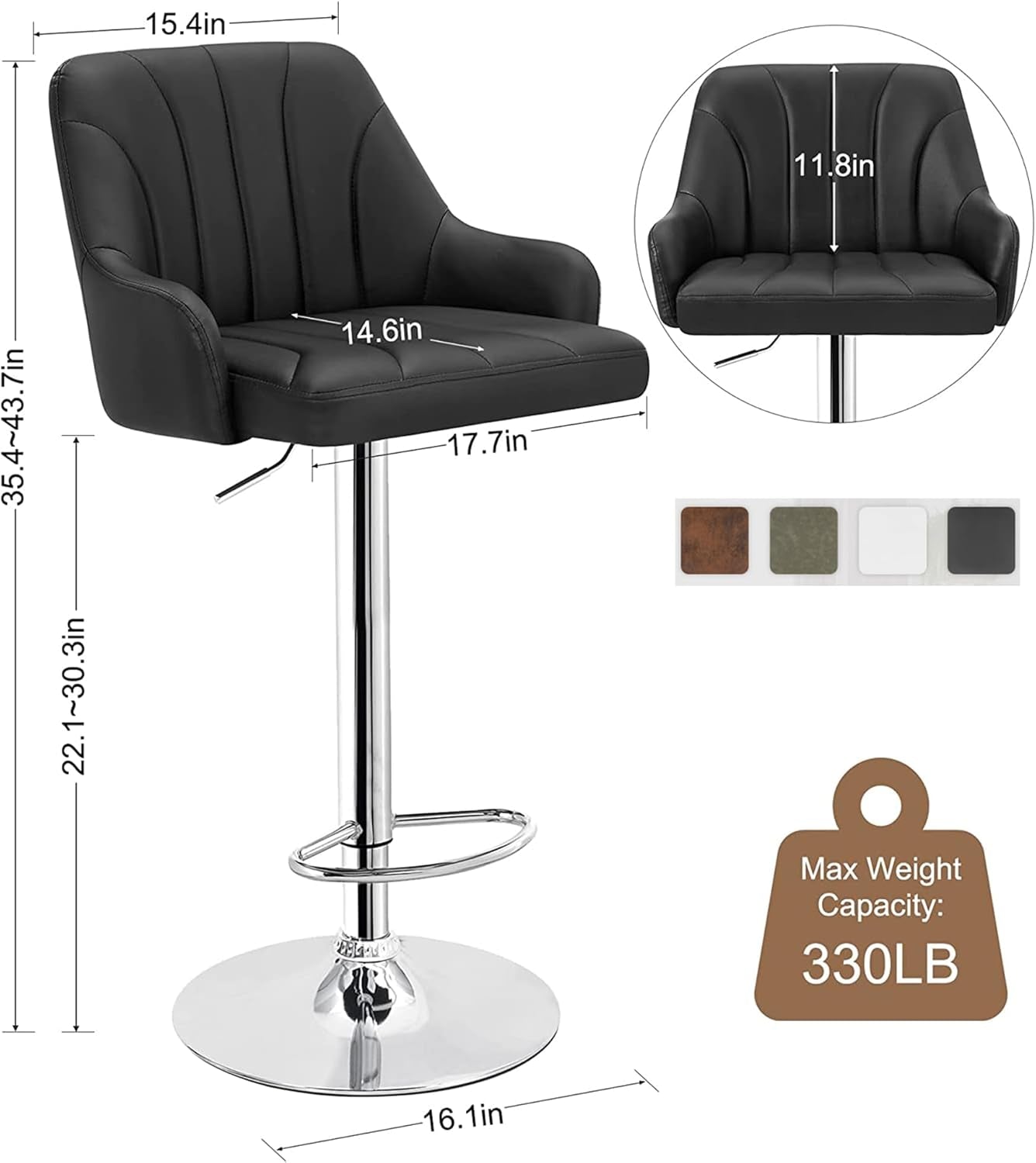 Bar Stools Set of 2, Adjustable Barstools, Counter Height Stools with Back and Arm, Kitchen Island Stools, Swivel PU Chairs for Pub, Dining Room, Modern Style, Black