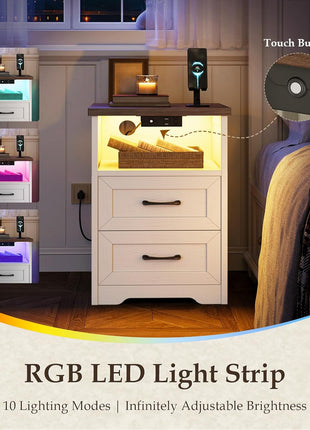 3-Piece Bedroom Set: 47" Wide 6-Drawer Dresser and 2 Farmhouse Nightstands with Charging Station and RGB LED Lights - Engineered Wood, Anti-Tip Design, Rustic White and Dark Walnut Finish