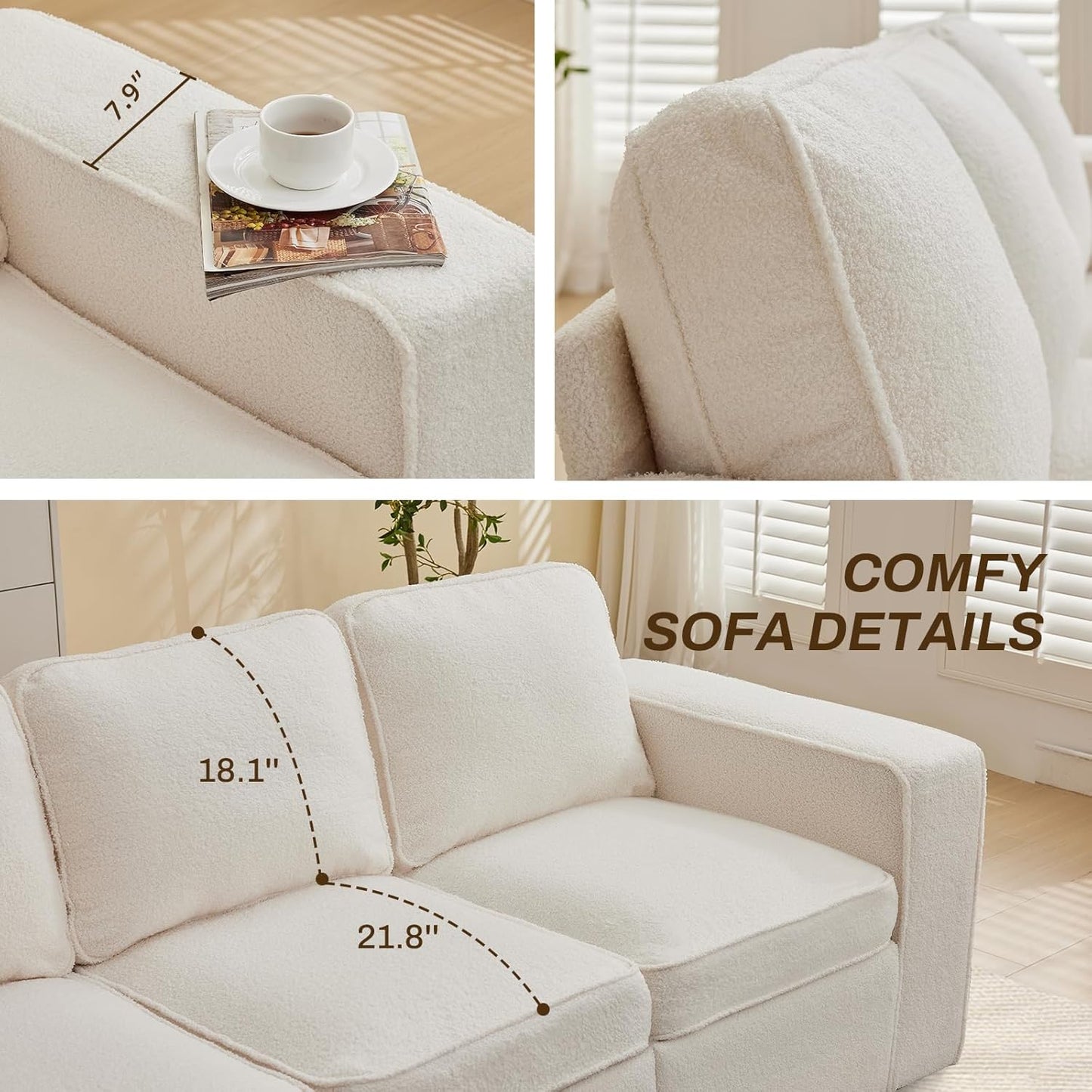 80'' Sofa Couch for Living Room, Mid Century Modern Loveseat Sofa with Side Pocket, 3-Seater Couches for Bedroom, Apartment, Office, Teddy Wool White