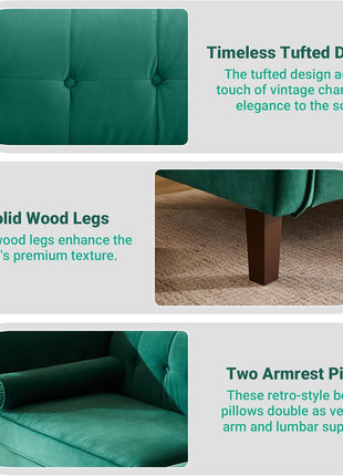 78-Inch Velvet Mid-Century Sofa with Bolster Pillows and Button Tufting for Living Room - Teal