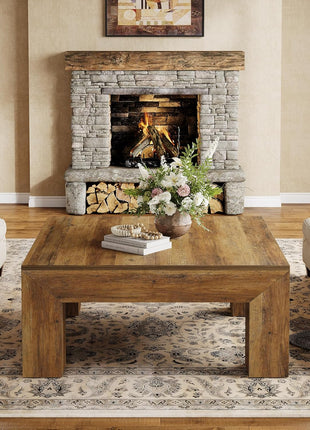 39.4-Inch Square Coffee Table - Farmhouse-Style MDF Accent Table with Durable Wooden Legs and Simple Assembly in Rustic Brown