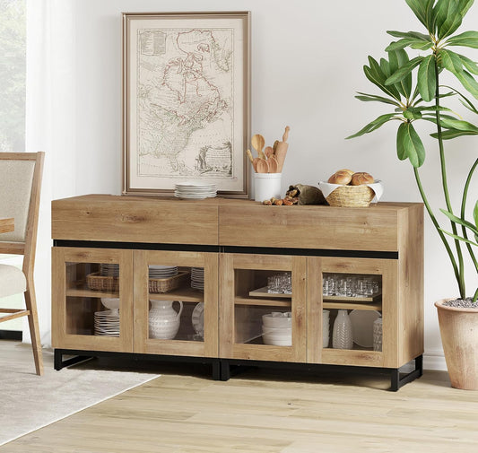 63'' Multifunctional Sideboard Buffet Cabinets with 4 Glass Doors and and 2 Drawers, Modern Sideboard Credenza, Coffee Bar Storage Cabinet for Living Room, Kitchen, Oak