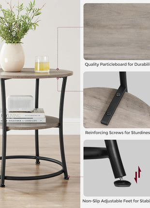21.7-Inch Round Side Table with Steel Frame, Two-Tier Design, Generous Surface Area and Storage Shelves for Living Room and Bedroom, Heather Greige and Ink Black Finish