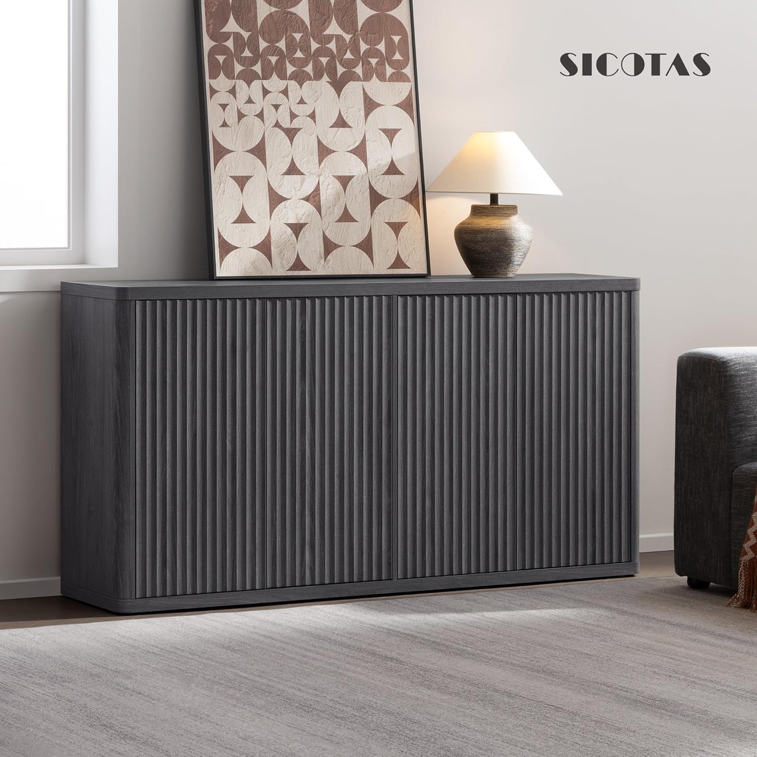 Buffet Cabinet with Storage Accent Sideboard with 4 Doors 66.3" Wide Fluted Credenza Modern Buffet Table Media Console Cabinet Entryway Cabinets for Living Room Kitchen Dining Room Hallway