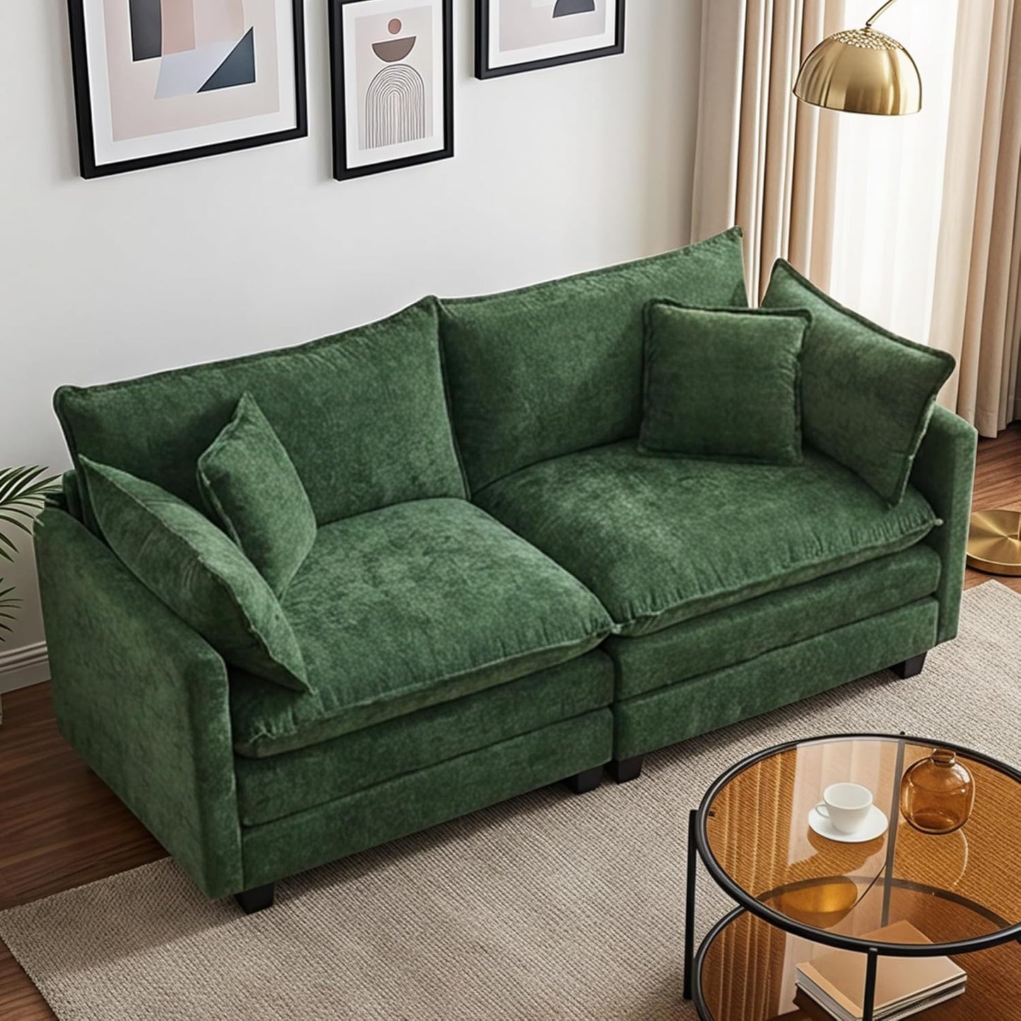 78" Modular Sectional Sofa, Cloud Couch Loveseat Sofa, Deep Seat Washable Chenille Fabric Sofa with Throw Pillows, 2 Seat Modern Couches for Living Room Bedroom Apartment, Green