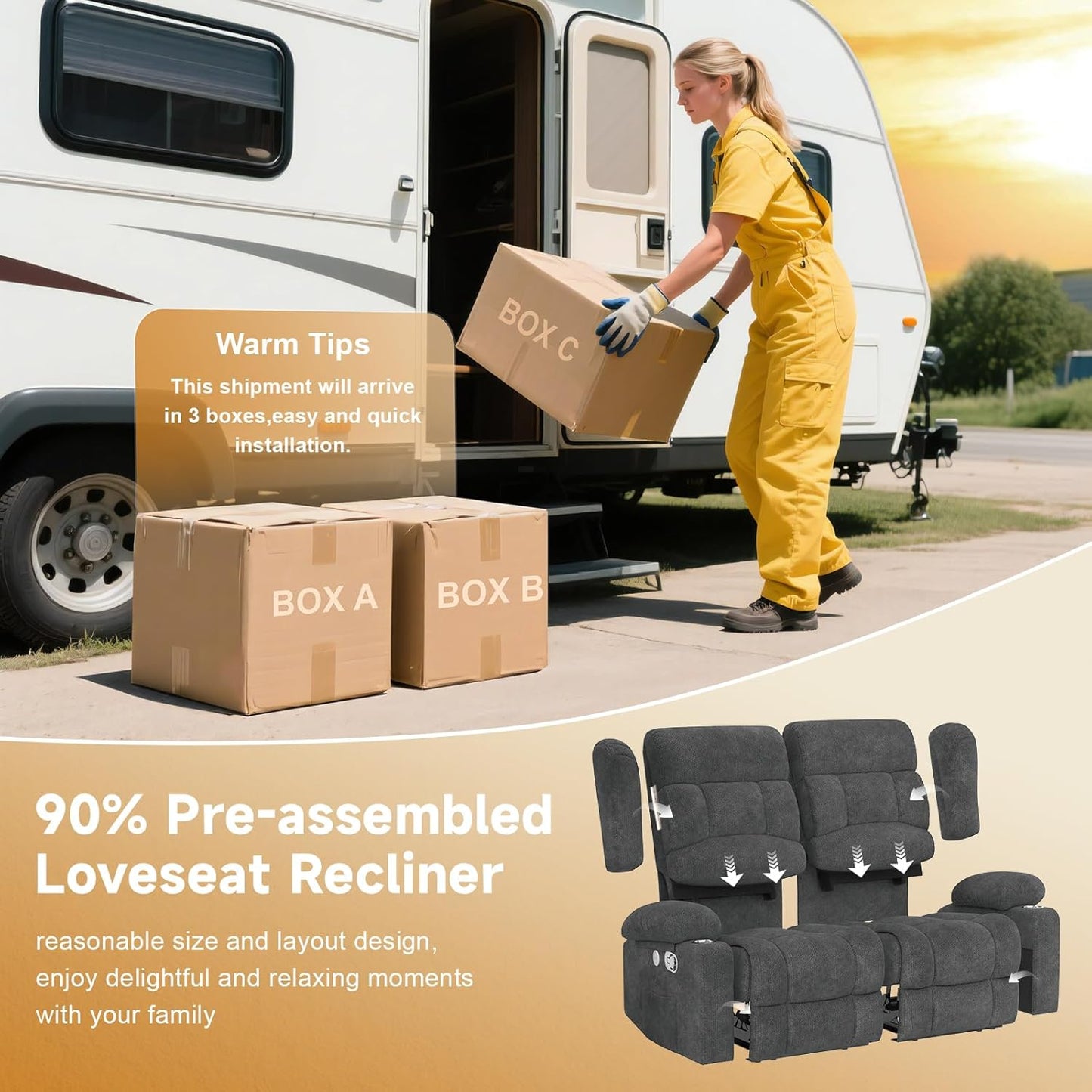 RV Loveseat Recliner Sofa, Wall Hugger Reclining Loveseat RV Couch with USB Ports, Cup Holders, Pockets, 150° Adjustable RV Furniture Velvet Fabric Recliners for Travel & Home Theater Seating