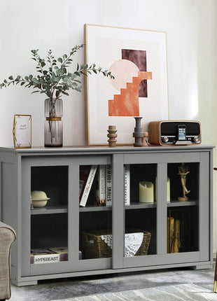 Elegant Grey Wooden Sideboard Buffet Cabinet with Adjustable Shelves and Sliding Glass Doors, Ideal Accent Console Table for Living Room, Dining Room, and Hallway