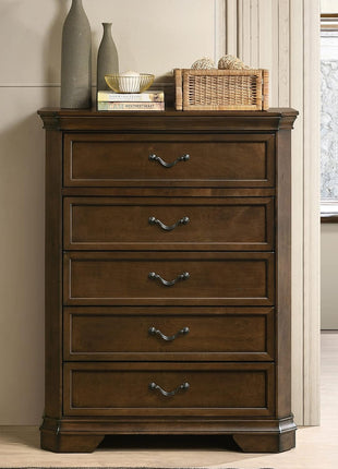 Maderne Traditional King Wood Panel Bed Set with Dresser, Mirror, Two Nightstands, and Chest in Antique Walnut Finish