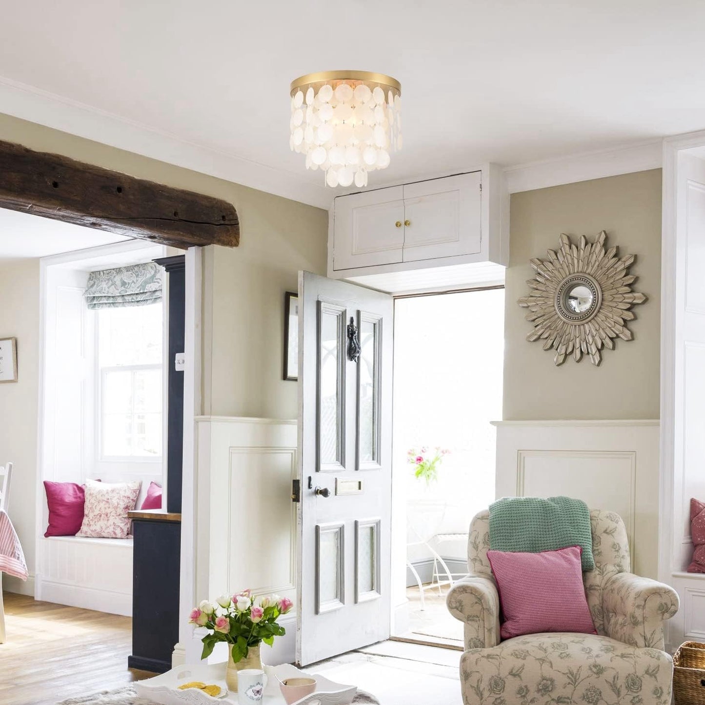 13.8" Capiz Shell Ceiling Light,Brushed Brass Finish, 3 Light Flush Mount Light for Bedroom, Hallway, Entryway ETL Listed, AL2608-S3