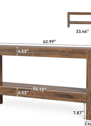 63-Inch Farmhouse-Style Wooden Console Table with Two-Tier Shelves for Living Room, Hallway, and Foyer in Brown Finish