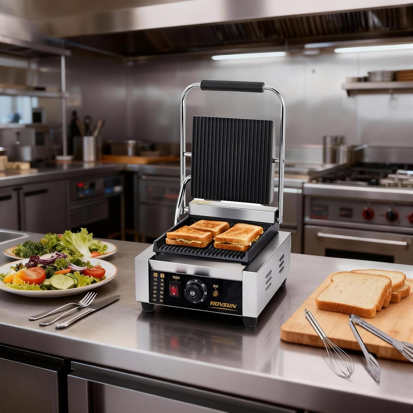 811 Commercial Sandwich Make, 1800W Stainless Steel Countertop Panini Press Grill with Adjustable Temp 122°F–572°F, for Steak, Burgers, Home & Restaurant Use, 110V, Silver