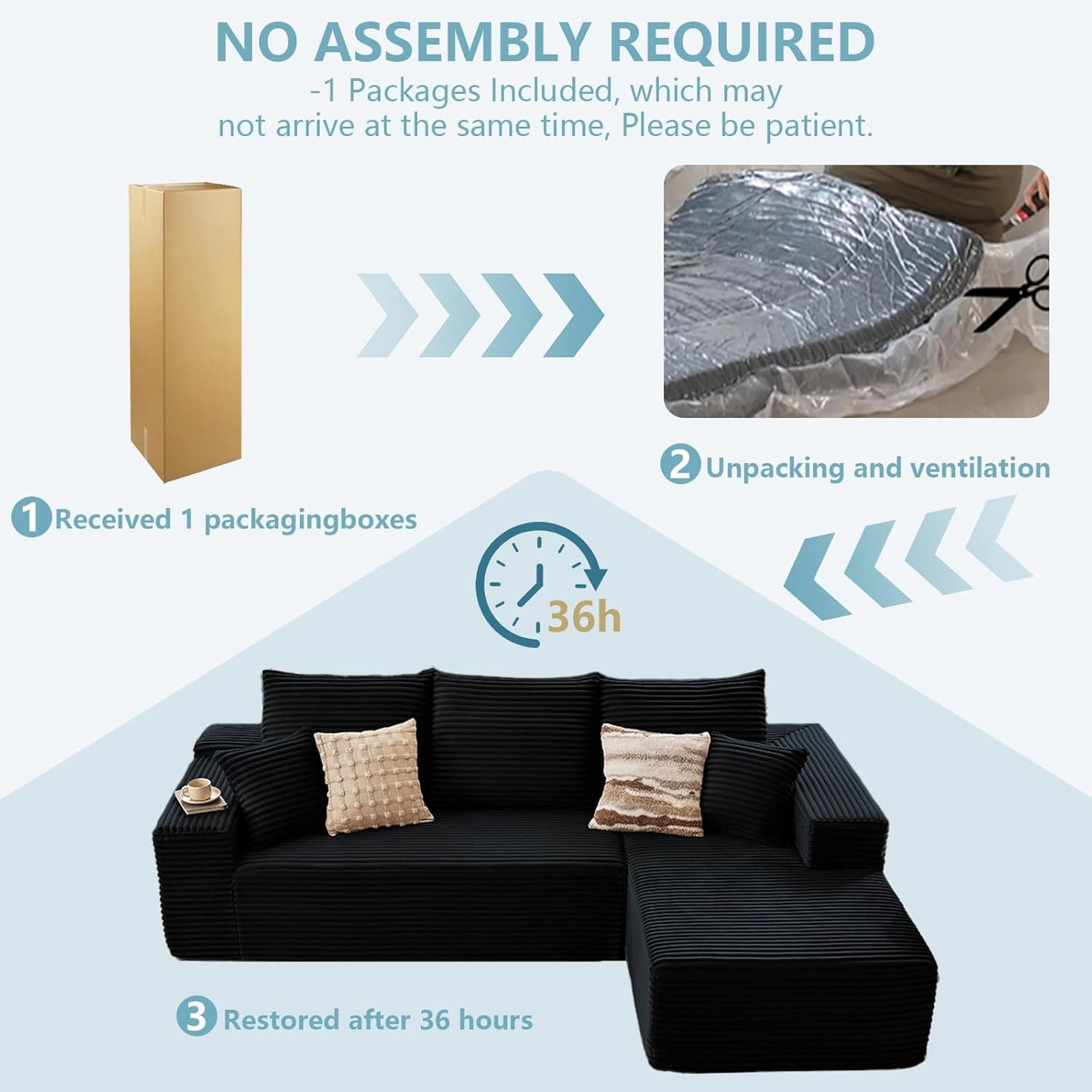 96" Cloud Sectional Couch with L-Shape Chaise, Modern Corduroy Boneless Couch for Living Room,Memory Foam Sofa with Deep Seat,No Assembly Required (Black,Right-Facing Chaise)