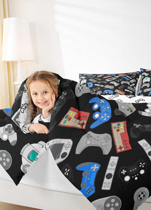 Modern Gamer Bedding Set for Teens, Full Size Down Comforter with Video Game Joystick Design in Black and Blue for Boys and Youth Bedrooms