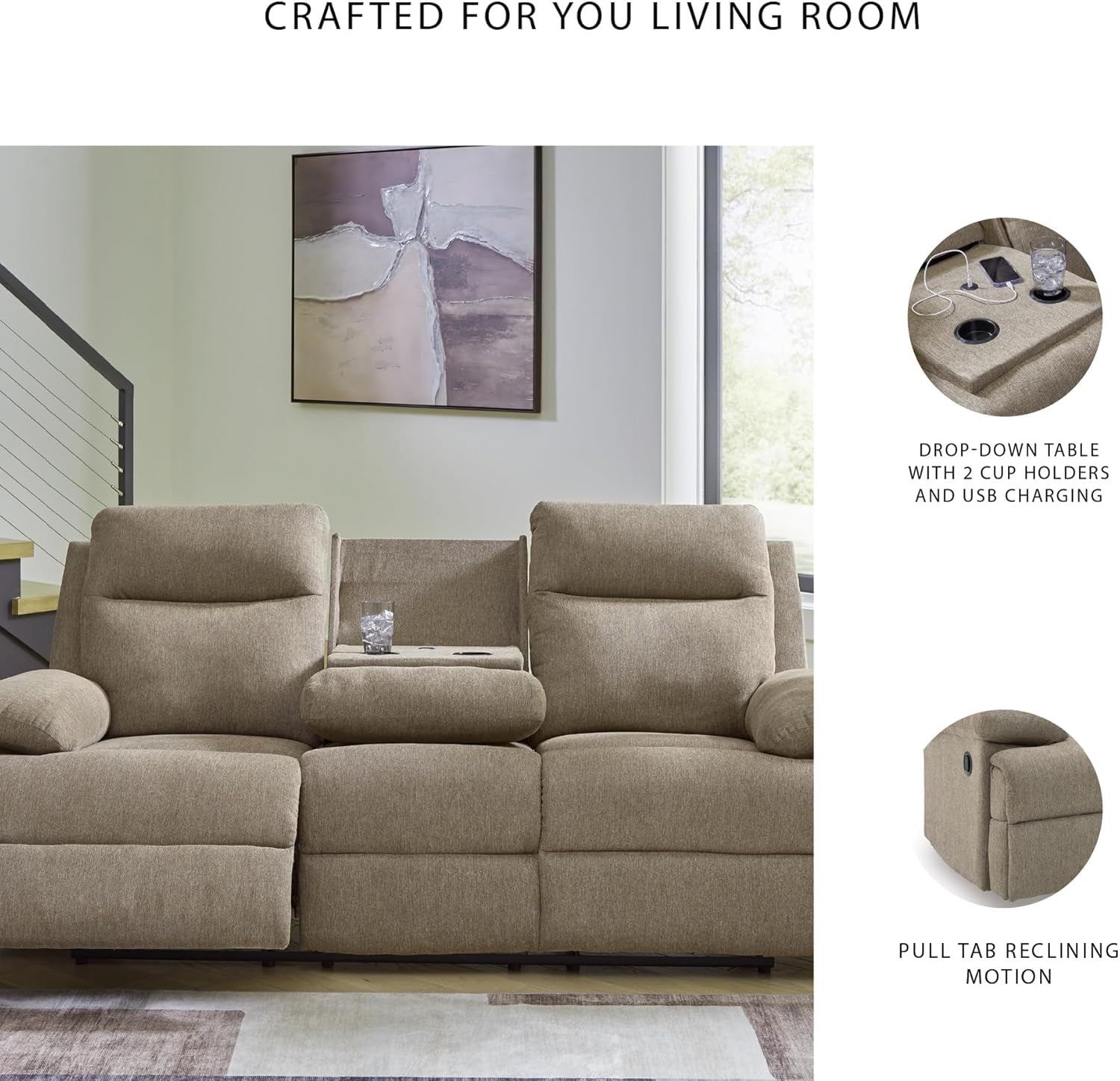 Yarrow Lane Classic Chenille Manual Pull Tab Reclining Sofa with Drop down Table and USB Charging, Light Brown