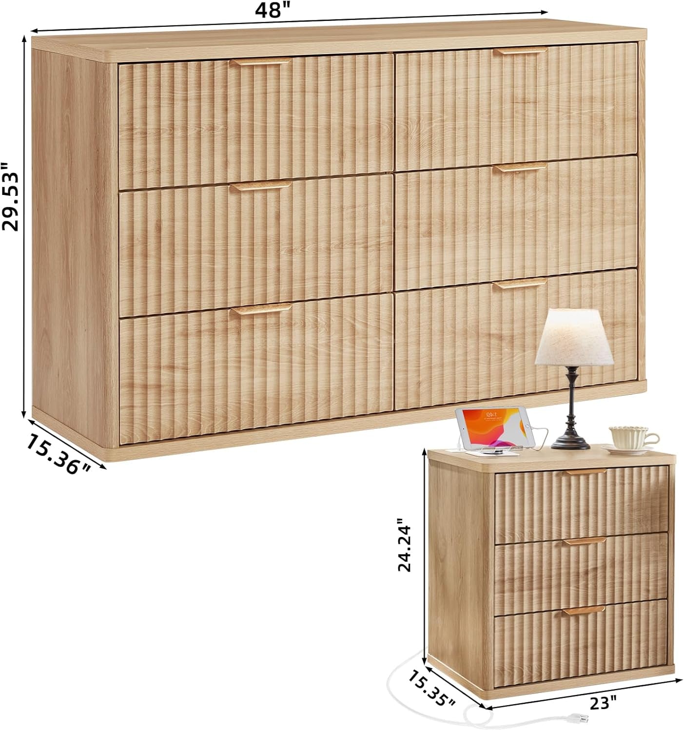 Fluted Dresser and Nightstand Sets, Wood 48" Wide Dresser & 23" Night Stand with Charging Station, 2 Piece Bedroom Furniture Set, Chest of Drawers for Bedroom, Home, Living Room,Wood