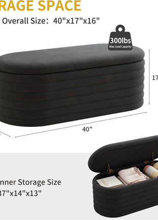 40-Inch Black Upholstered Chenille Fabric Storage Ottoman Bench for Bedroom and Living Room