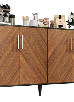 58-Inch Buffet Cabinet with Storage and Adjustable Shelves, Coffee Bar Cabinet Featuring Four Spacious Doors for Living Room and Kitchen, Black Finish