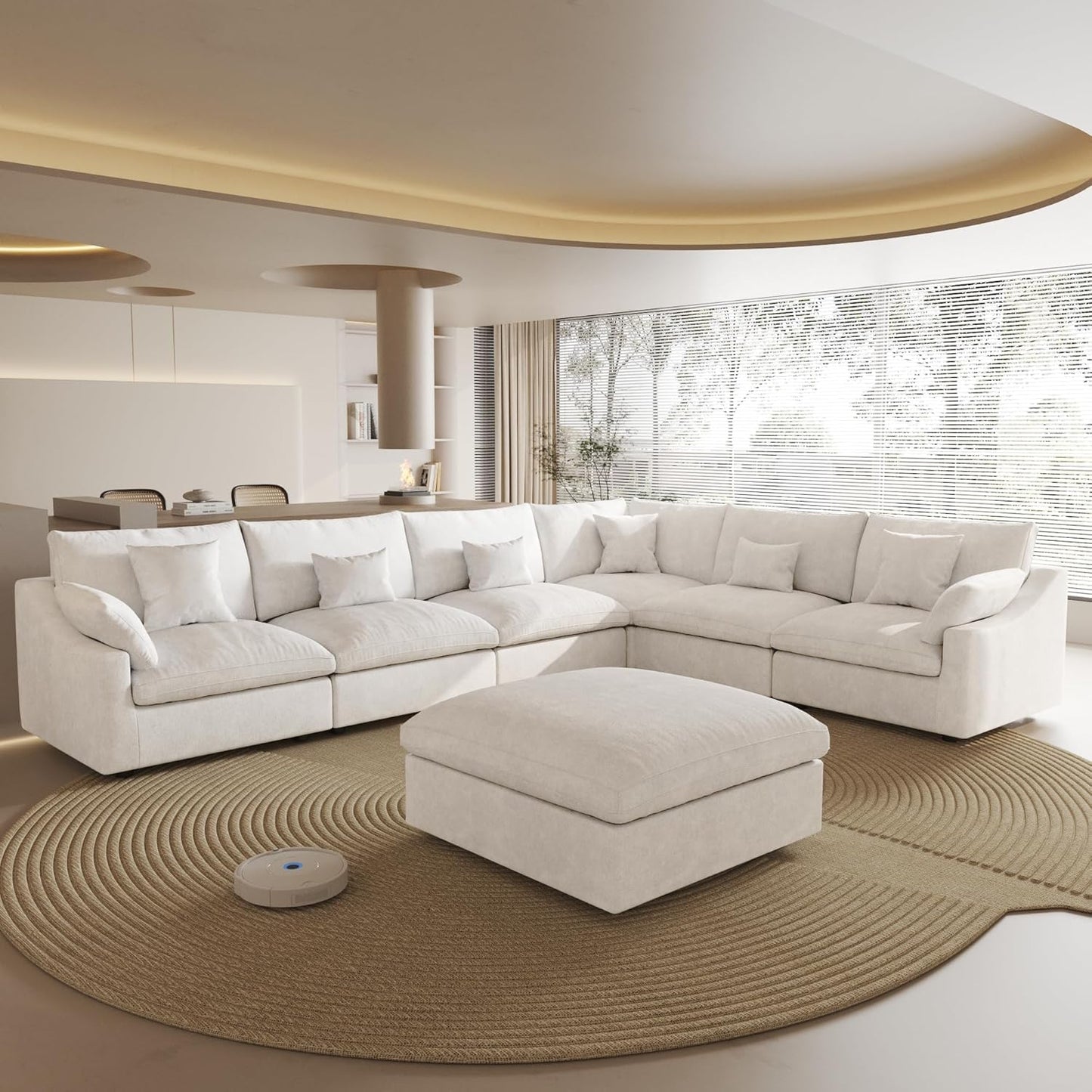 154" Modular Sectional Sofa Cloud Couch,Oversized Linen V-Shaped Sectional Sofa with Deep Seat, U-Shape 6-Seater Couch with Ottoman for Living Room in White