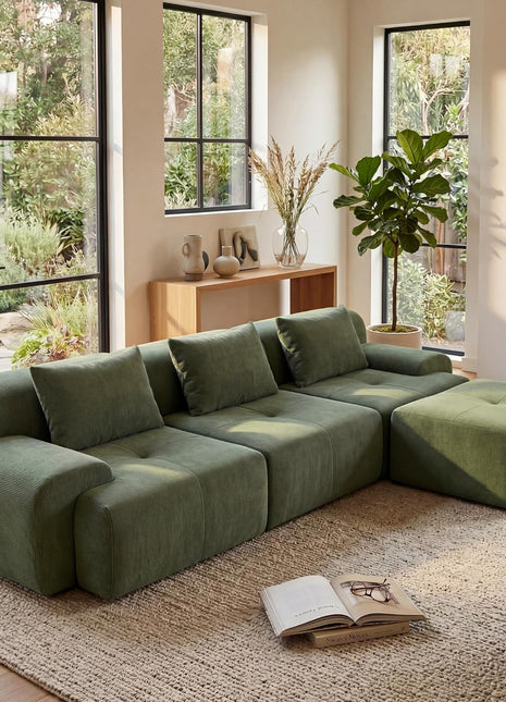 108-Inch Modular Tufted Sectional Sofa, Oversized L-Shaped Deep Seat Couch with Ottoman and Three Throw Pillows, Corduroy Upholstered Cloud Couch in Green
