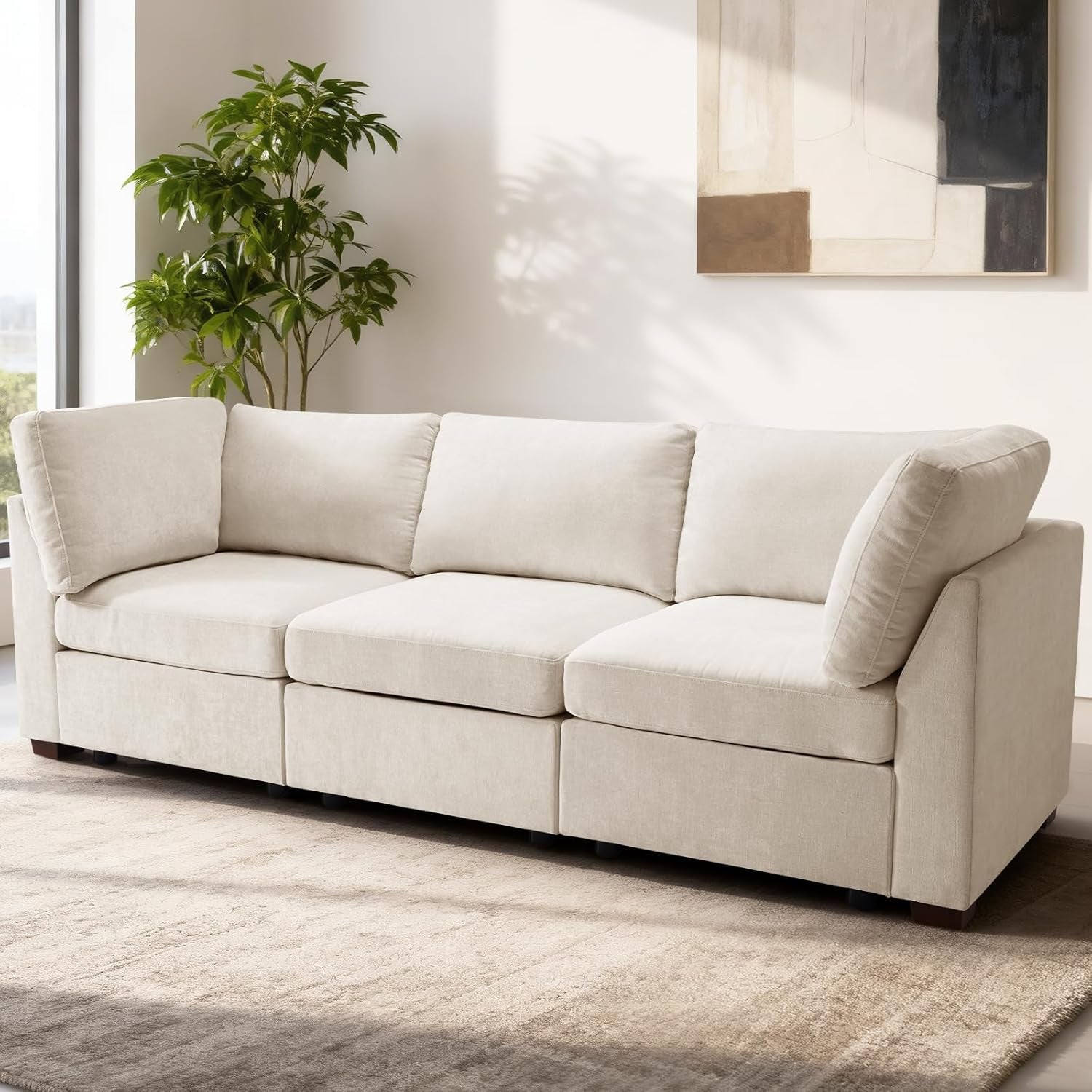 94 Inches Oversized Modular Sectional Fabric Cloud Sofa Set, Extra Large L Shaped Couch Reversible Chaise Couch,3 Seat Modular Sofa,Beige