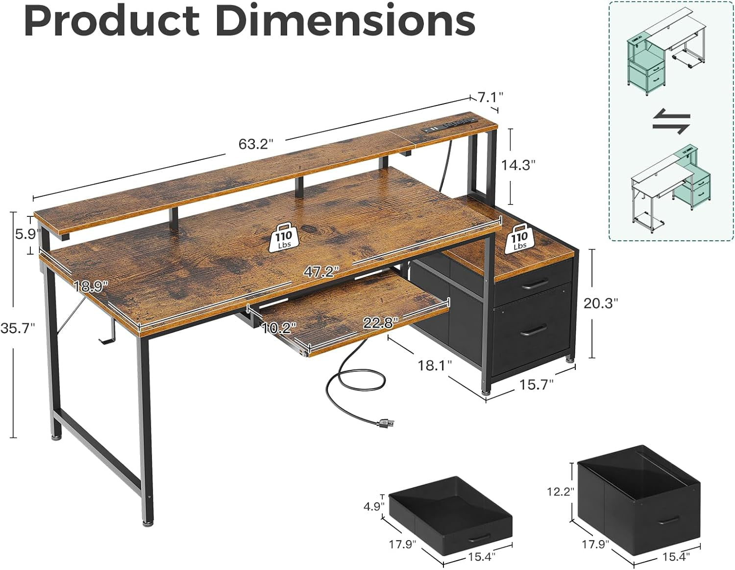 Computer Desk with Drawers and Keyboard Tray, 63" Office Desk with Power Outlet, Reversible Study Work Desk with Printer Shelf and PC Stand for Home Office, Vintage