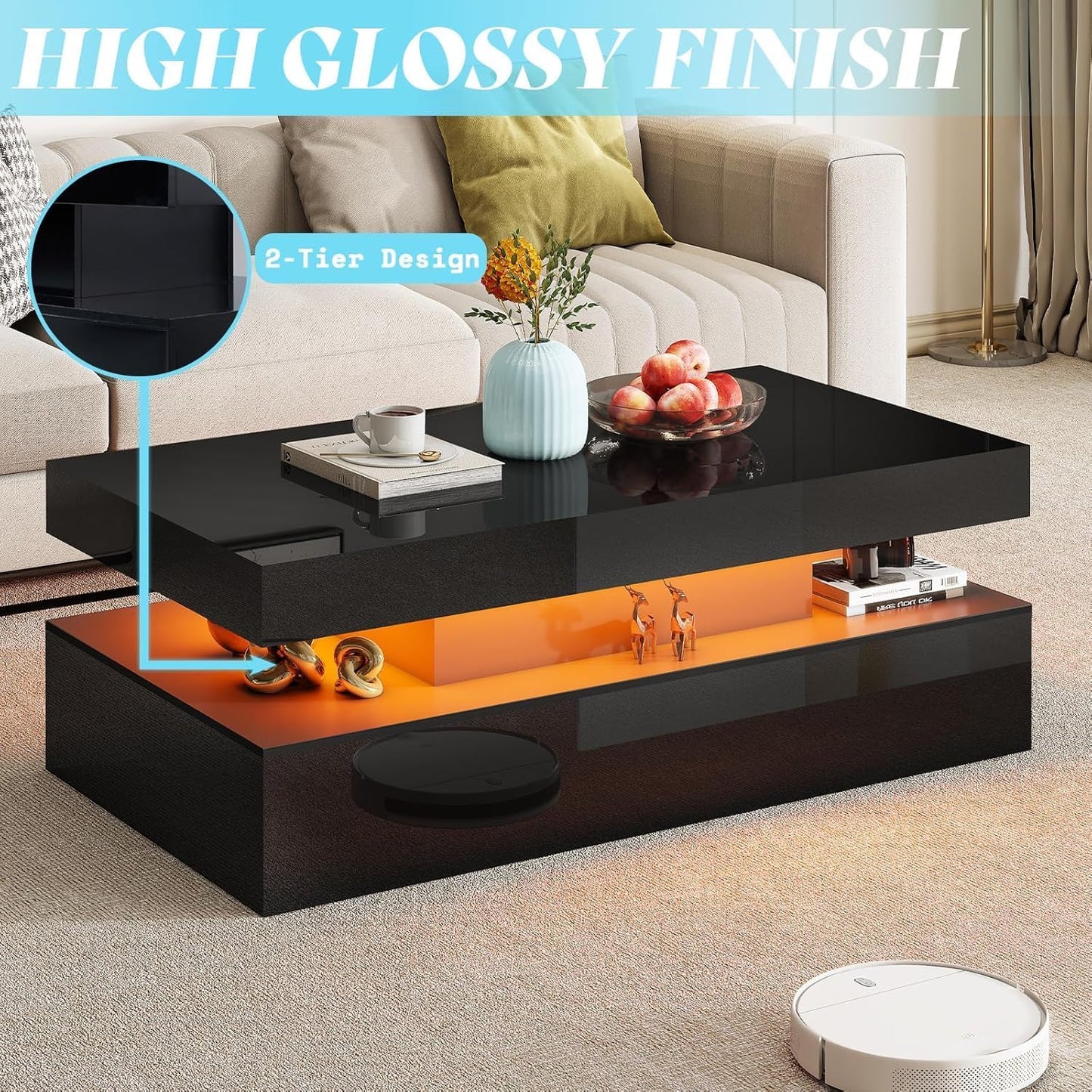 3-Piece High Gloss Living Room Table Set, Includes Modern LED Coffee Table with 2-Tier Design and 2 Matching Nightstands with Charging Station, Black