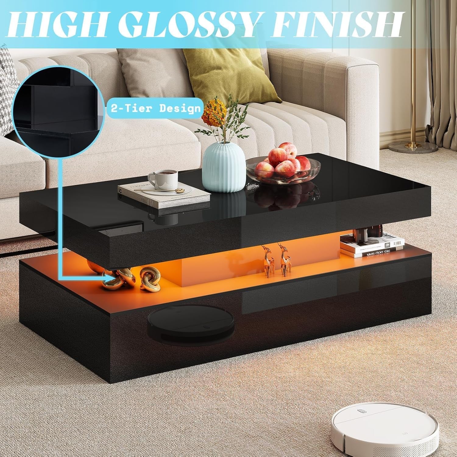 3-Piece High Gloss Living Room Table Set, Includes Modern LED Coffee Table with 2-Tier Design and 2 Matching Nightstands with Charging Station, Black