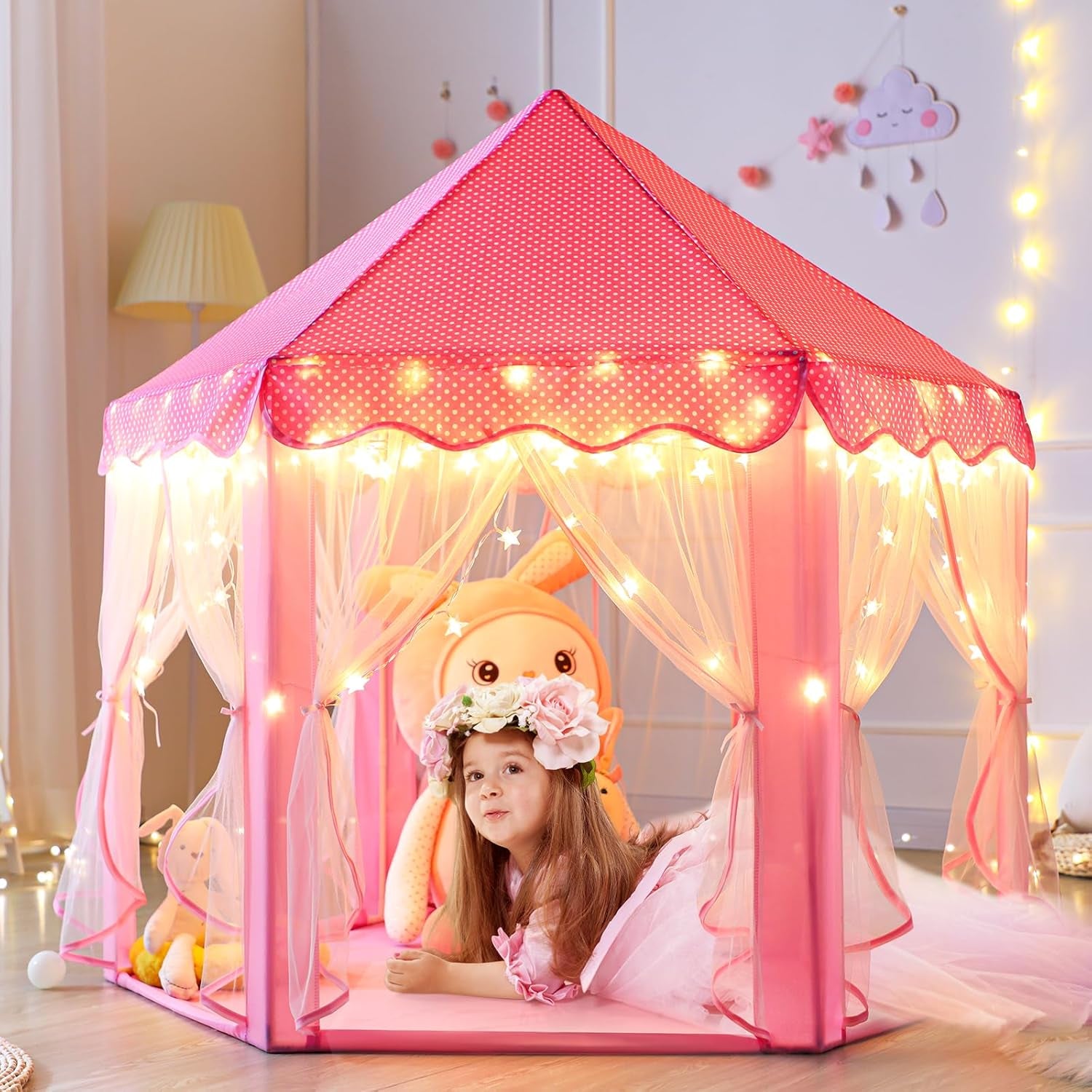 Princess Tent Girls Large Playhouse Kids Castle Play Tent with Star Lights Toy for Children Indoor and Outdoor Games, 55'' X 53'' (Dxh)