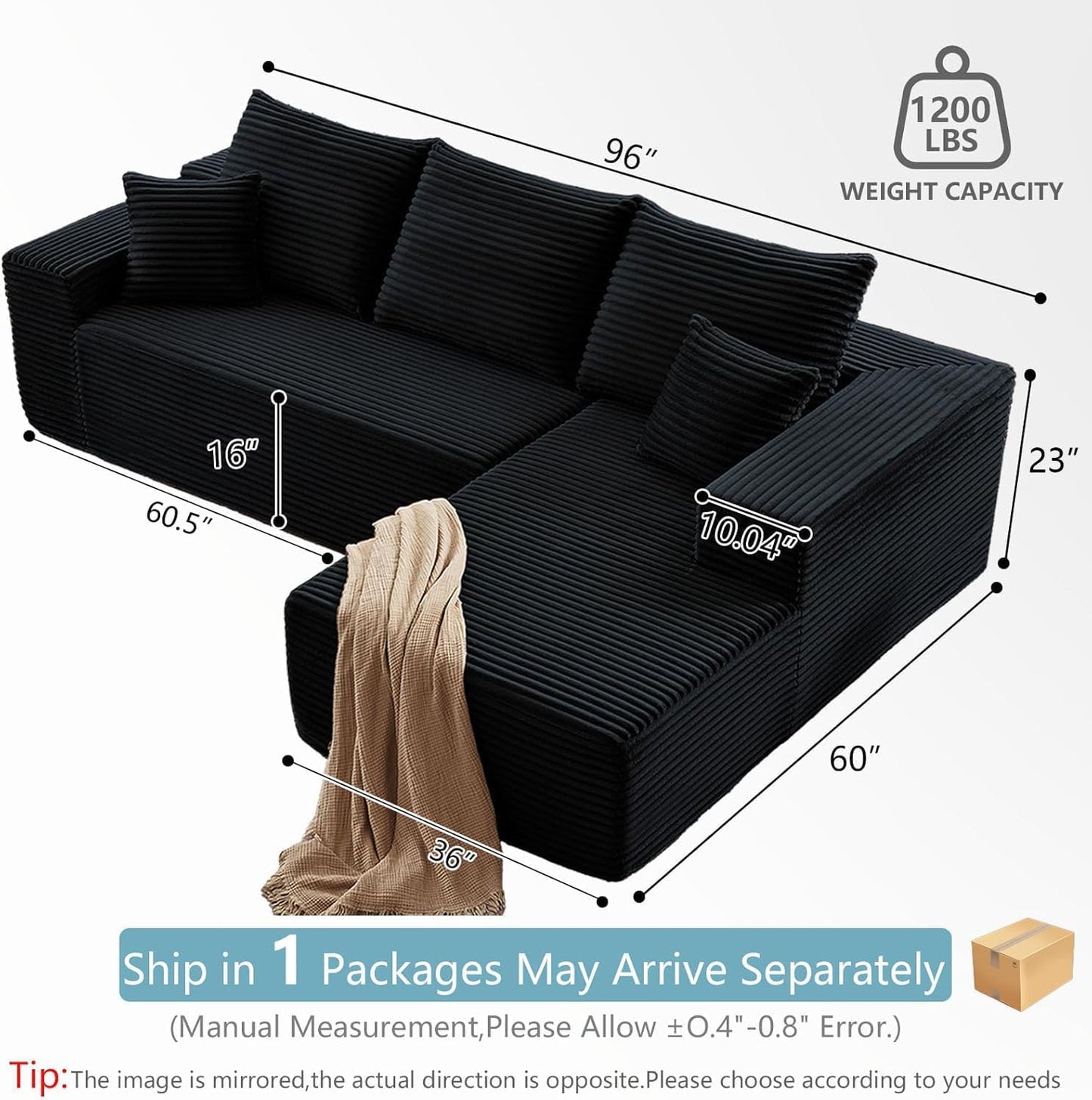 96" Cloud Sectional Couch with L-Shape Chaise, Modern Corduroy Boneless Couch for Living Room,Memory Foam Sofa with Deep Seat,No Assembly Required (Black,Right-Facing Chaise)