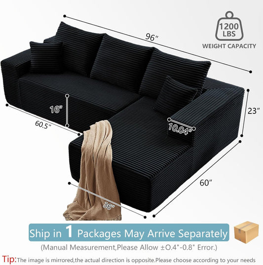 96" Cloud Sectional Couch with L-Shape Chaise, Modern Corduroy Boneless Couch for Living Room,Memory Foam Sofa with Deep Seat,No Assembly Required (Black,Right-Facing Chaise)