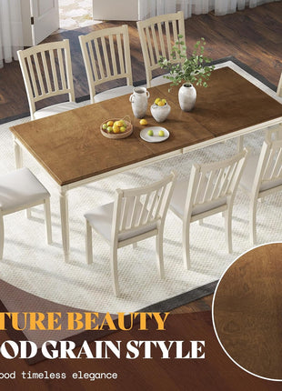 9-Piece Solid Wood Dining Set with 8 Upholstered Chairs, Rustic Cream Finish, 79-Inch Table with Roman Conical Legs, Accommodates Up to 8 for Kitchen and Dining Room