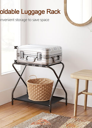 Set of 2 Foldable Luggage Racks with Storage Shelf, Metal Suitcase Stands for Guest Rooms and Hotels, Easy Assembly, Black HLR02BK