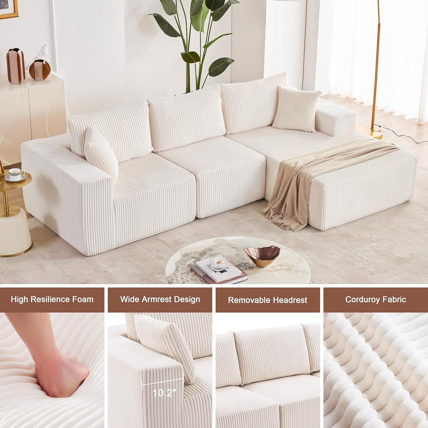 108” Modulr Sectionl Sof, Cloud Sectionl Couch with Deep Set, Modern Modulr L-Shpe Sof with Chise,Upholstered Boneless Couches for Living Room (Corduroy, Beige)