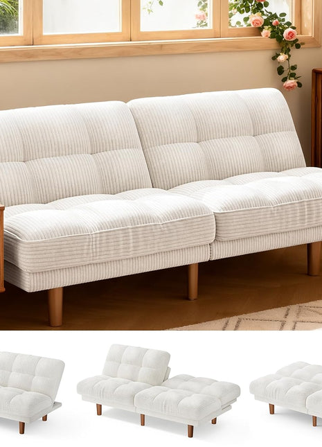 65-Inch Convertible Futon Sofa Bed with Adjustable Backrest, Ergonomic Recliner Sleeper Couch in Corduroy Fabric for Living Room, Office, or Guest Room (White)