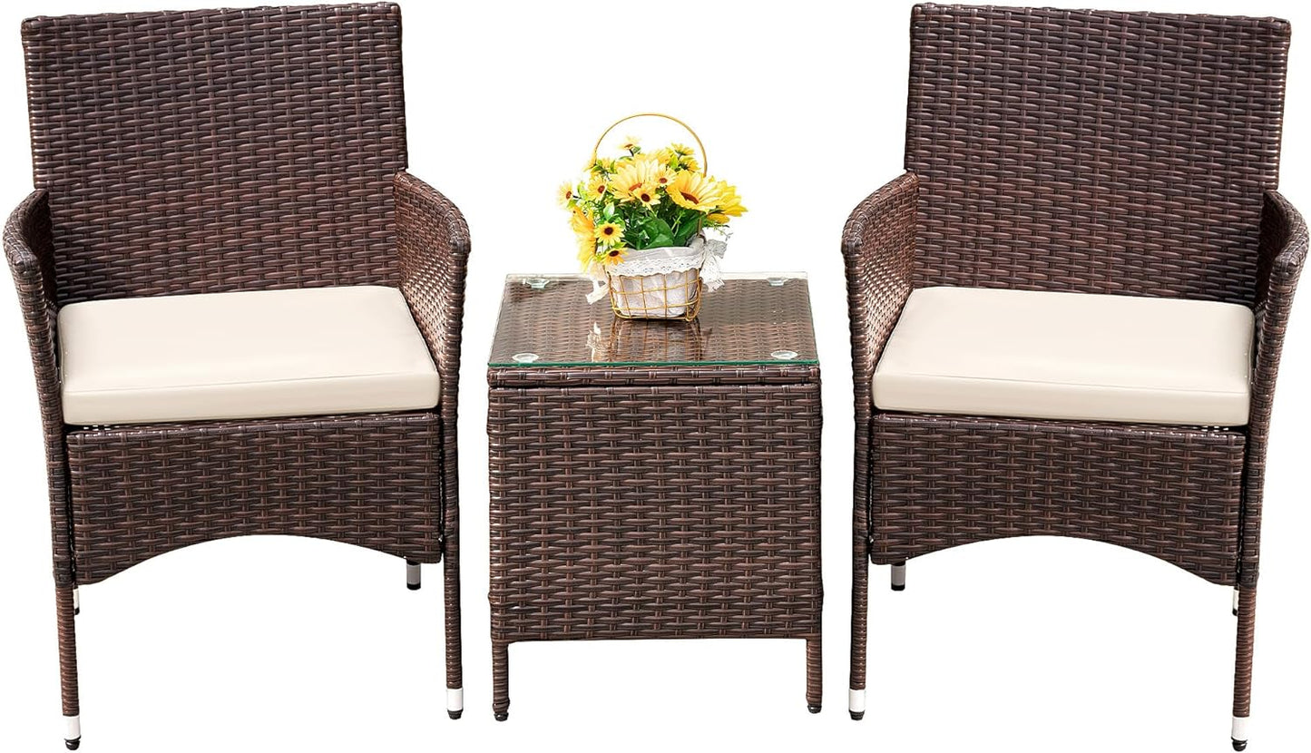 Patio Porch Furniture Sets 3 Pieces PE Rattan Wicker Chairs with Table Outdoor Garden Furniture Sets (Brown/Beige)