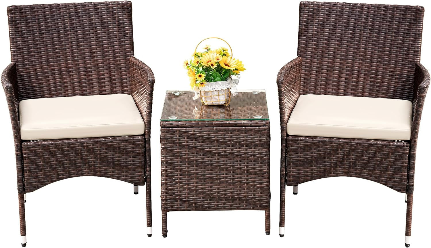 Patio Porch Furniture Sets 3 Pieces PE Rattan Wicker Chairs with Table Outdoor Garden Furniture Sets (Brown/Beige)