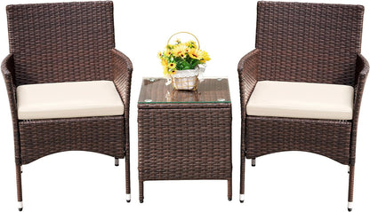 Patio Porch Furniture Sets 3 Pieces PE Rattan Wicker Chairs with Table Outdoor Garden Furniture Sets (Brown/Beige)