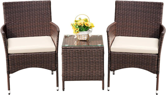 Patio Porch Furniture Sets 3 Pieces PE Rattan Wicker Chairs with Table Outdoor Garden Furniture Sets (Brown/Beige)