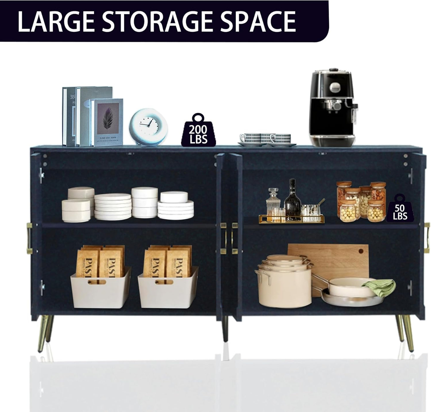 Modern Lacquered 4 Door Wooden Cabinet Sideboard Buffet Server Cabinet Storage Cabinet, for Living Room, Entryway, Hallway, Office, Kitchen and Dining Room, Navy Blue, Cabinets