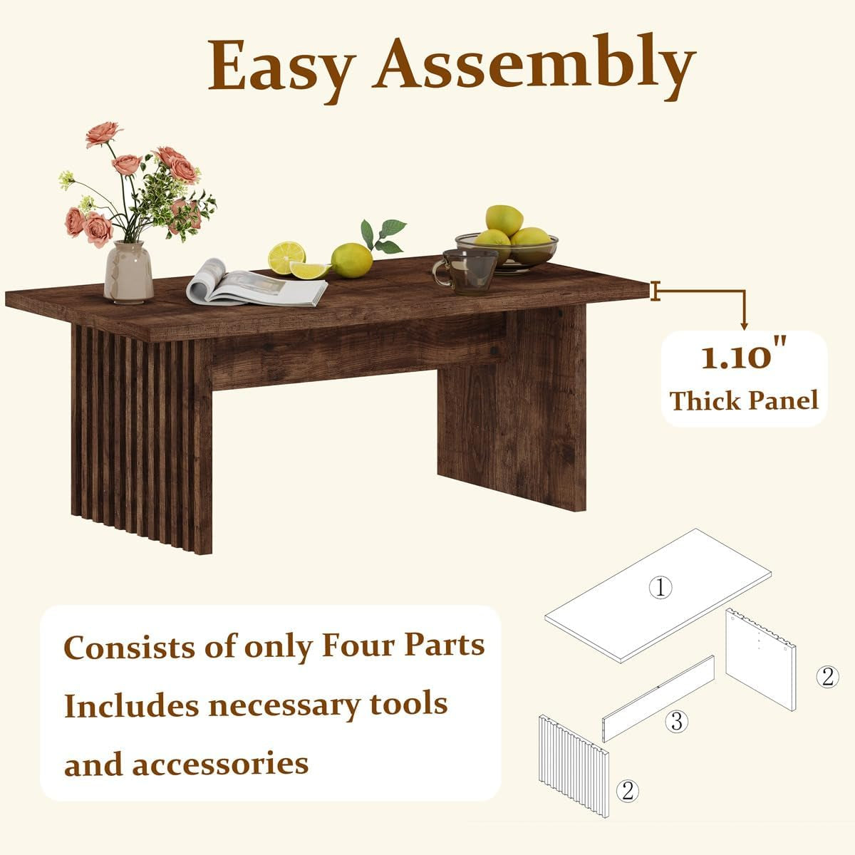 Coffee Table for Living Room, Farmhouse Wood Center Table, Rectangle Mid-Century Living Room Tables, Unique Fluted Panel Coffee Tables (Rustic Oak, 43Inch)