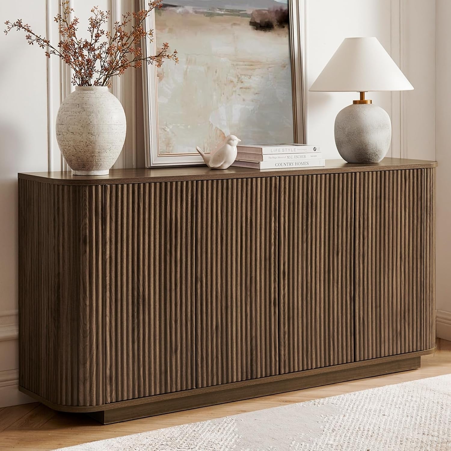 64" Sideboard Buffet Cabinet with Storage, Modern Fluted Accent Credenza with Adjustable Shelves, Wood Media Console Coffee Bar Table for Living Room Kitchen Dining Room, 31.5" H, Walnut