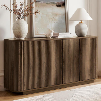 64" Sideboard Buffet Cabinet with Storage, Modern Fluted Accent Credenza with Adjustable Shelves, Wood Media Console Coffee Bar Table for Living Room Kitchen Dining Room, 31.5" H, Walnut
