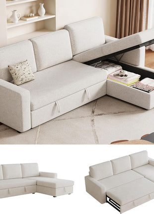Elegant 81.5" Convertible L-Shaped Sleeper Sofa with Storage Chaise and Removable Cushions - Ideal for Compact Living Spaces, Chic Beige Chenille Fabric